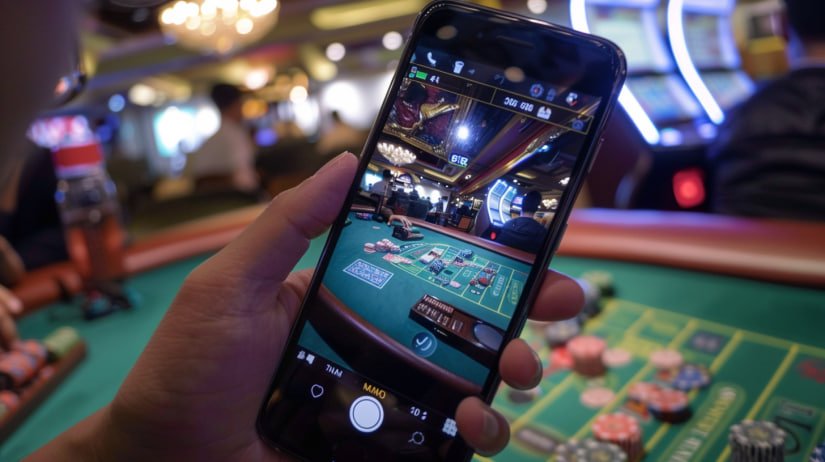 Live dealer baccarat table viewed on a mobile phone screen via merryph